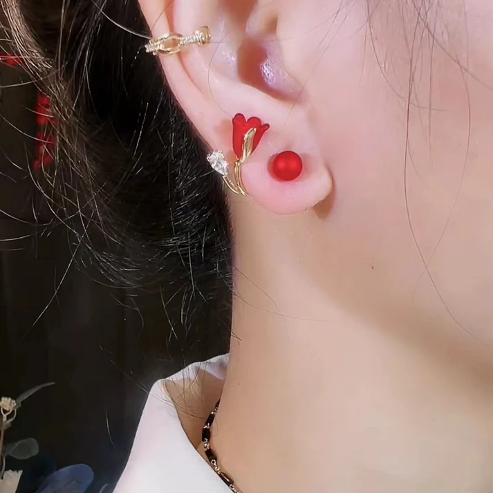 Red Tulip Flower Earring